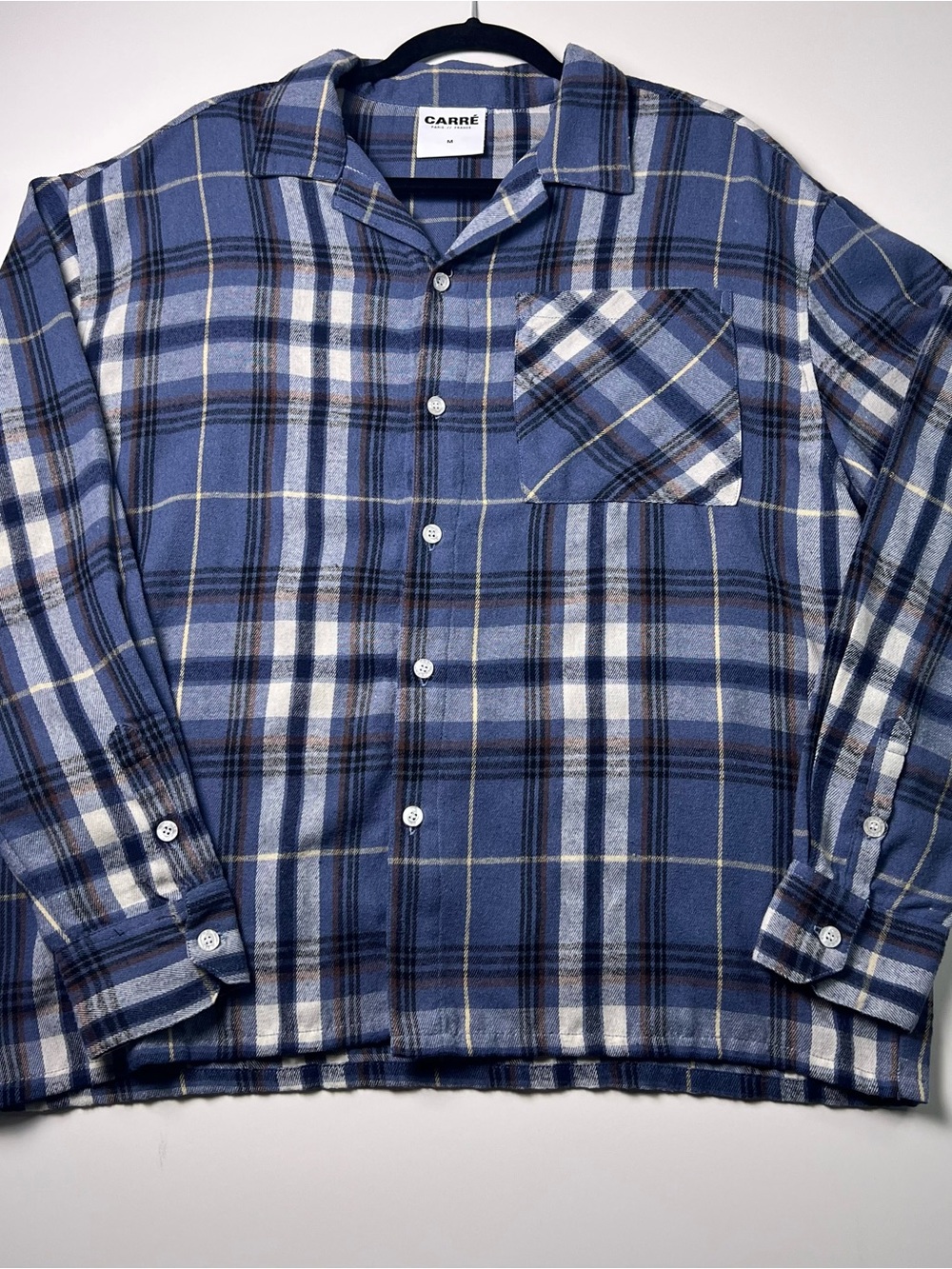CARRÉ Flannel Shirt Men M Plaid Blue White Long Sleeve Pockets Button Up